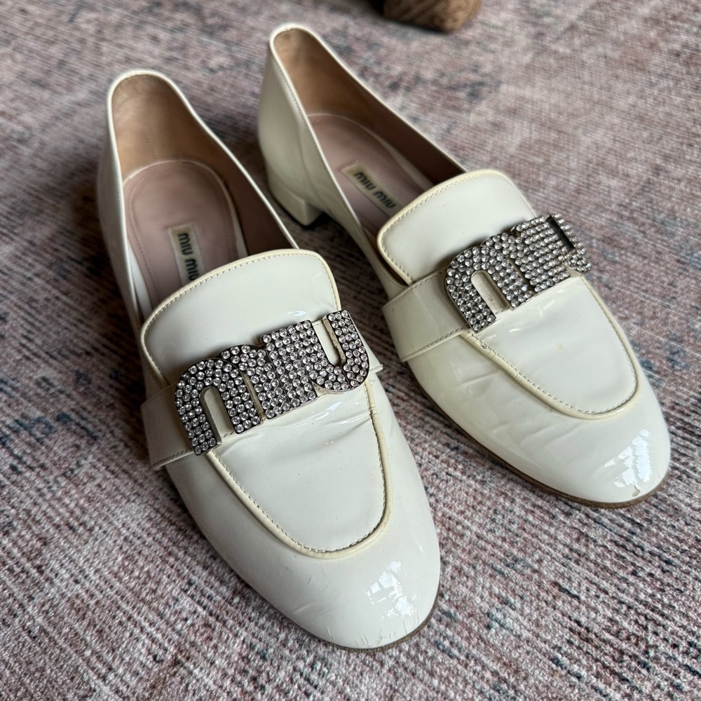 Miu‎ Miu Crystal Loafers In White Patent Leather Flats Loafers Women’s Size 7